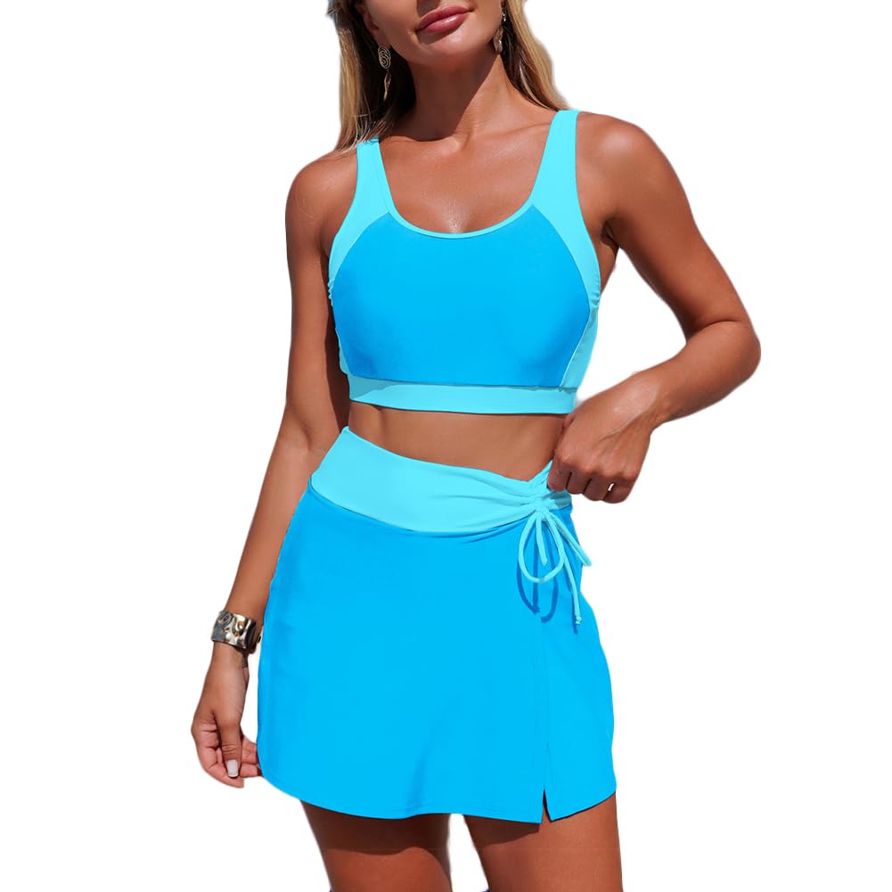 JPXJGT Swimsuit Split Swimsuit Women's Color Blocked Skirt Style Pocket (Size:S,Color:Light blue)