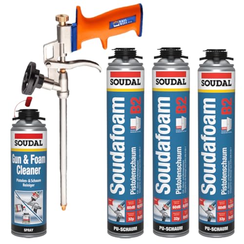 Hauswerk.shop PU Schaumpistole + SOUDAL Profi Pistolenschaum GUN B2 / 3 x 750 ml + Schaumpistole + Reiniger