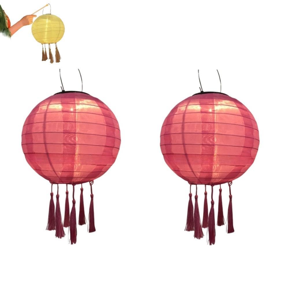 Tefexer 12 Inch Solar LED Garden Decorative Lights, 2 Pack Waterproof, Round Paper Lanterns with Tassels for Garden Deco, Night Parties, Family Celebrations