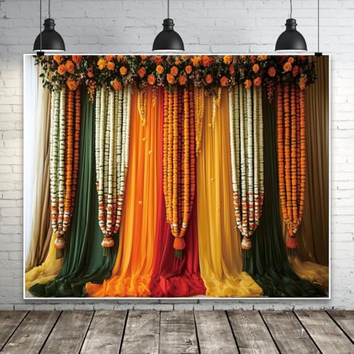 Image of 10x8ft India Pooja Traditional Backdrop Colorful Curtains Floral Indian Photography Background Puja Ganpati Mehndi Diwali Party Decorations for Wedding Birthday Festival Photo Props