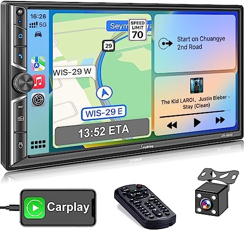Double Din Car Stereo with Carplay Hands-Free Bluetooth, Mirror Link, 7 Inch HD Touchscreen, Multimedia Support TF/USB/EQ/SWC/Sub, FM/AM Car Radio Receiver, Carplay Screen with Backup Camera