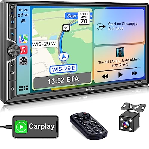 Double Din Car Stereo with Apple Carplay, Bluetooth, Mirror Link, 7 Inch Full HD Capacitive...
