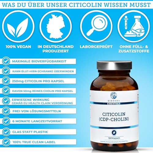 QIDOSHA® CDP Cholin (Citicolin) Kapseln, 250mg pro Kapsel, voller Citicoline, vegan, laborgeprüft, für Altersdementiale,