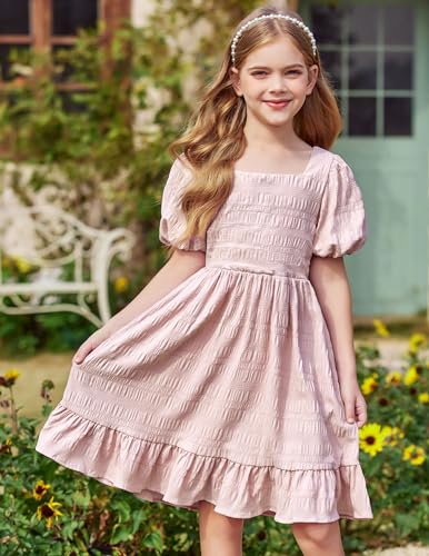 Arshiner Girls Backless Dress Short Sleeve Square Neck Ruffle Hem Elegant Dresses2