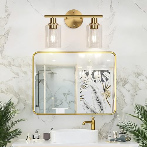 Image of Zarbitta 2-Light Bathroom Light Fixtures, Brushed Gold Vanity Light, Modern Vanity Lights with Clear Glass Shade, Bathroom Wall Lamp for Mirror Kitchen Living Room Hallway Cabinet Porch