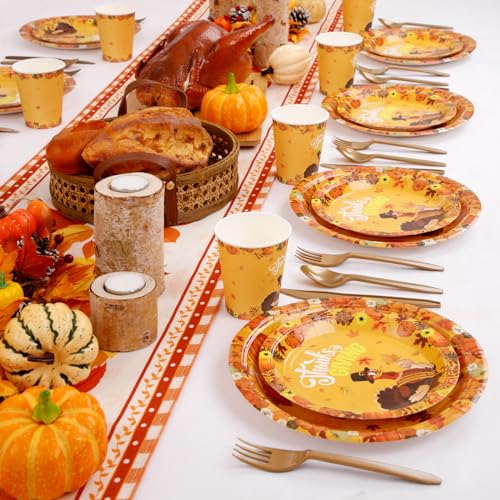 WELLIFE 180pcs Thanksgiving Paper Plates, Fall Disposable Plates with Thanksgiving Turkey, Includes:30 Dinner Plates 9\", 30 Salad Plates 7\", 30 Knives, 30 Forks, 30 Spoons