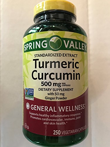 video_gamesSpring Valley Turmeric Curcumin 500mg with Ginger Powder, General Wellness, 250 Capsules (Pack of 2)