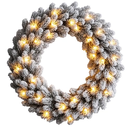 KOIUEYW Couronne de Noël Porte Artificielle 60 cm, Couronne de Porte de Noël avec Neige et LED Blanc Chaud, Décoration de Porte pour Fenêtre, Cheminée, Mural, Vitre, Extérieure et Intérieure