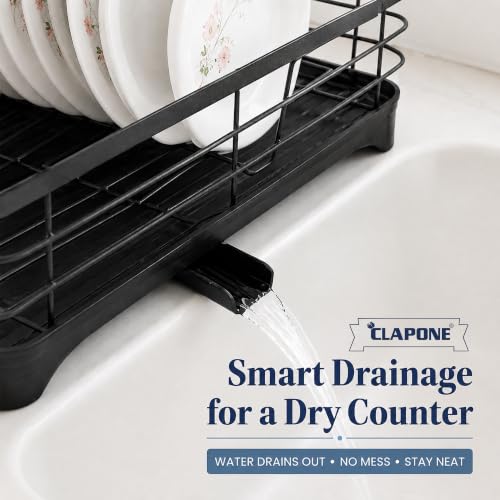 Image of CLAPONE 1 Tier Dish Drying Rack for Kitchen Countertop, Large Dish Drainer with Drainage Spout, Utensil Holder, Plate & Cup Storage Rack, Countertop Utensils Organizer Black (42x29x16 CM)