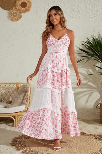 Women Floral Maxi Dress Spaghetti Straps V Neck Lace Patchwork Flowy Tiered Wedding Guest Long Dresses3