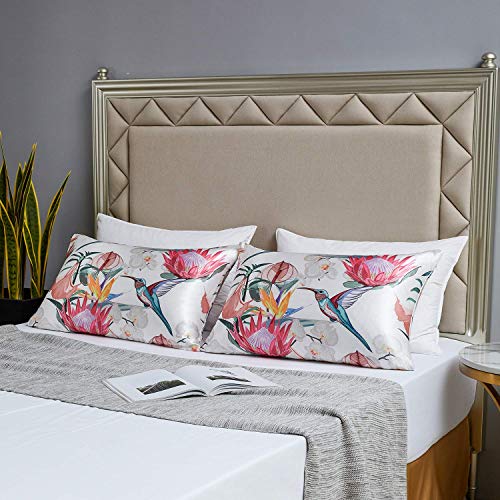 Image of MR&HM Satin Pillowcase for Hair and Skin, Silk Satin Pillowcase 2 Pack, Standard Size Pillow Cases Set of 2, Silky Pillow Cover with Envelope Closure (20x26, Floral Bird)