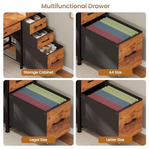 Image of SEDETA Computer Desk with 5 Drawers and Bookshelf, Reversible Home Office Desk with Storage Shelves and File Drawer, Gaming Corner Desk with LED Lights for Small Spaces, Rustic Brown