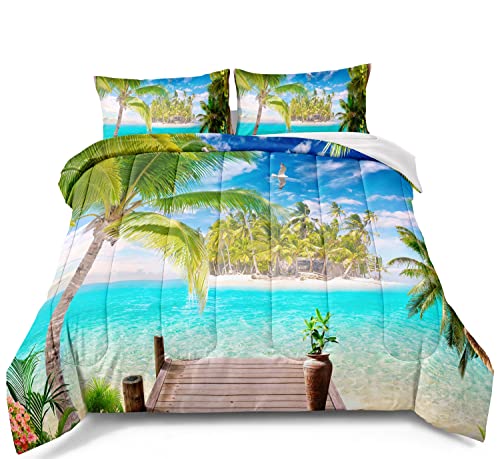 BDUCOK Ocean Comforter Set Twin Size Beach Bedding Set Tropical Palm Tree Hawaii Ocean Comforter Set Sunny Beach Coastal Nature Theme All Season Comforter Twin Size 1 Comforter wiht 1 Pillowcases