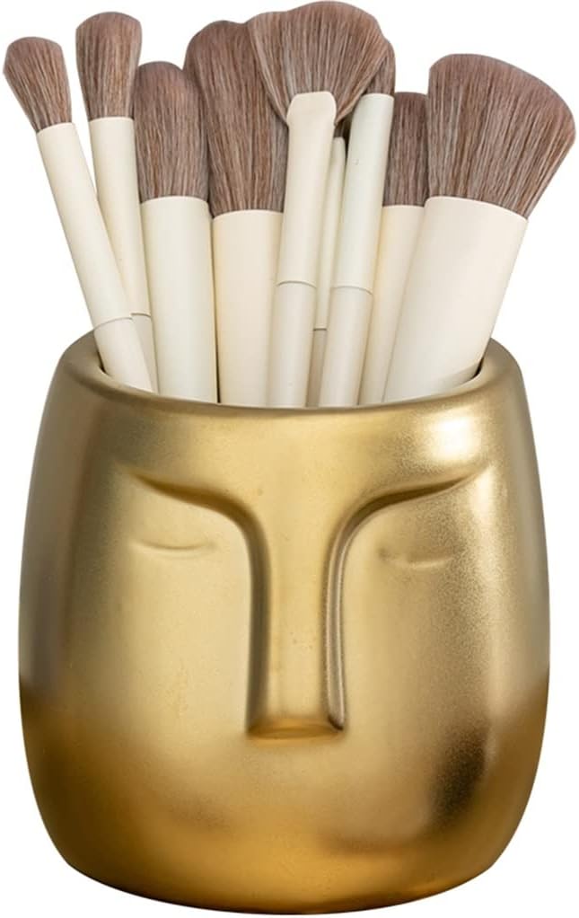 Dressing Table Beauty Storage Bucket Desktop Creativity Large Capacity Ceramic Eyebrow Gold Pencil Holder (Color : Gold, Size : 10 * 10 * 10cm) (Gold 10 * 10 * 10cm)