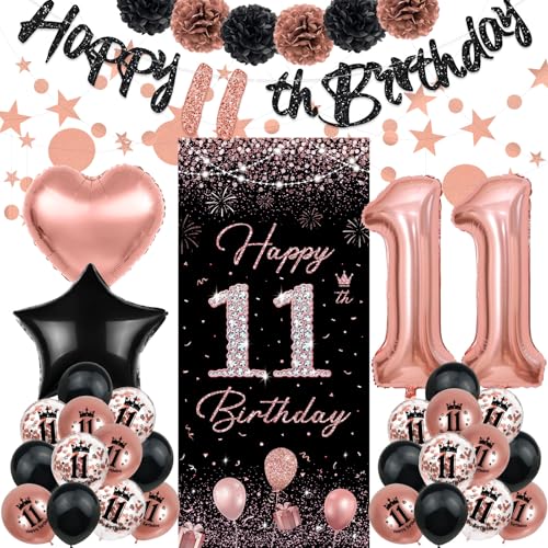 TSVATE Rose Gold Happy 11th Birthday Decorations - Banner, Backdrop, Balloons, Pompoms, Star Streamers by TSVATE - Used condition - US$17.50