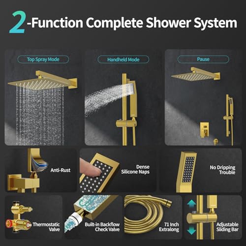 Image of SR SUN RISE 12 Inch Square Shower System with Slide Bar,Brushed Gold