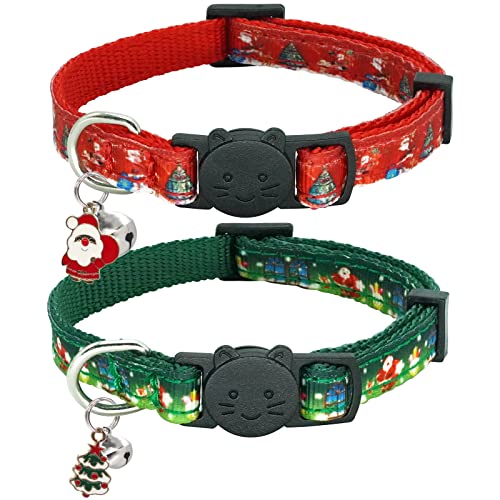 Giecooh Christmas Cat Collar,2 Pack Breakaway Cat Collar with Bells,Xmas Red and Green