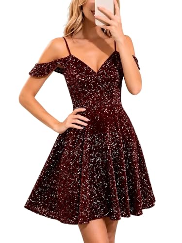 YHHOWEP Women's Sparkle Dress Retro Mini Off The Shoulder Homecoming Ruffle Cocktail Party Vintage 80s Prom Dresses Burgundy XL