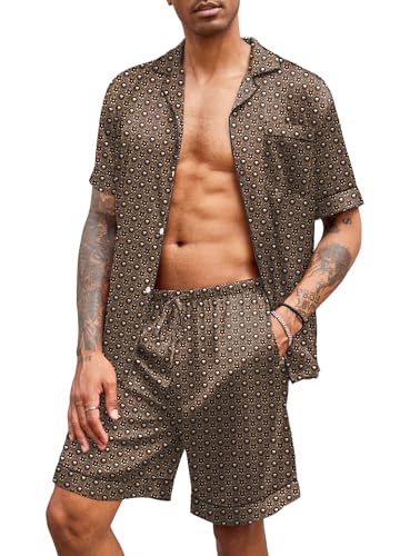 Image of Ekouaer Mens Satin Pajamas Set Button-Down Short Sleeve Shirt Top Soft Silk Sleepwear Shorts with Pockets