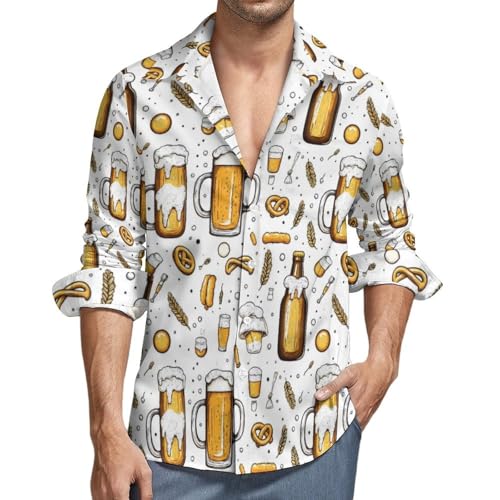 Beer Bubbly Wheat Print Mens Long Sleeve Button Down Shirts, Casual Men's Button Up Shirt with Pocket