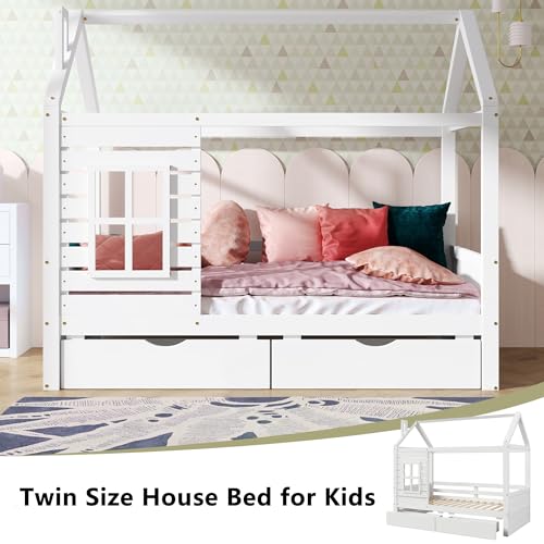 Aoowow-Twin-Size-Kids-House-Bed-with-2-Drawers-Wooden-Platform-Twin-Bed-Frame-with-Window-and-Roof-for-Bedroom-Modern-Twin-Size-Kid-Playhouse-Bed-with-Slats-for-Boys-Girls-Can-be-Decorated-White Aoowow Twin Size Kids House Bed with 2 Drawers Wooden Platform Twin Bed Frame with Window and Roof for Bedroom Modern Twin Size Kid Playhouse Bed with Slats for Boys Girls Can be Decorated White