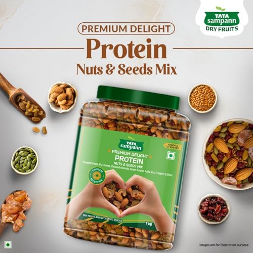 Image of Tata Sampann Premium Delight Protein Nuts & Seeds Mix, 1kg, Protein Trail Mix, Mixed Dry Fruits, Roasted Almonds, Pumpkin and Flax Seeds, Green Raisins, Amla Bits, & Cranberries Slices, Reusable Jar