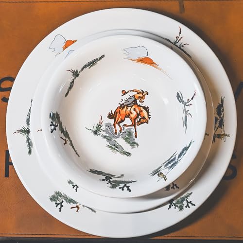 Image of Paseo Road Ranch Life 16 Piece Ceramic Dinnerware Set with Plates, Bowls, Coffee Mugs, Duffle Bag, Cow Longhorn Horse Cowboy Pattern, Southwestern Rustic Cabin Lodge Style