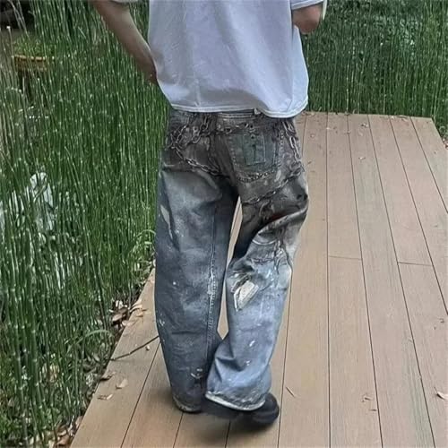 Men's Summer Loose-Fit Denim Pants with Chain Printing Sensibility High Street Vintage Jeans3