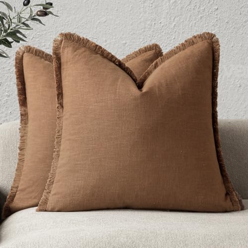 Image of Foindtower Set of 2 Decorative Linen Fringe Throw Pillow Covers Boho Farmhouse Cushion Cover with Tassels Soft Accent Pillowcase for Couch Sofa Bed Living Room Home Decor,18x18 Inch,Orange Brown