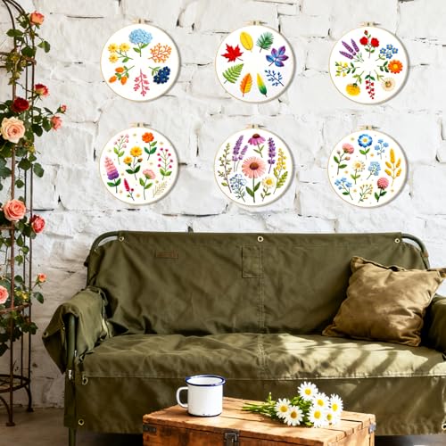 Image of BEUNITONE 6 Pack Beginner Embroidery Kit for Adults, Simple Floral Plants Pre-Stamped Pattern Starter Needlepoint Kits with Hoops & Instruction, Hand Embroidery Kits for Fabric and Home Decor 7.9x7.9