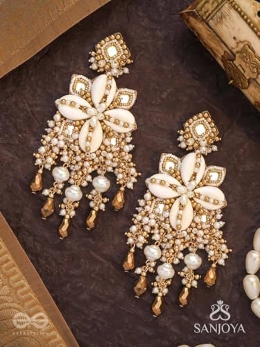 Image of SANJOYA by EVERSTYLISH Hand-Embroidered Statement Earrings for Women | Festive Ethnic Wear | Shell, Bead & Glass Drop Detailing | Lightweight, Gold-Toned Danglers for Weddings, Parties & Gifting