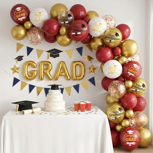 Image of Burgundy and Gold Graduation Balloons Graduation Decorations 2026, 60Pcs Print Congrats Grad Balloons, Maroon Gold Confetti Latex Balloon, Class of 2026 Grad Party Decorations for College High School