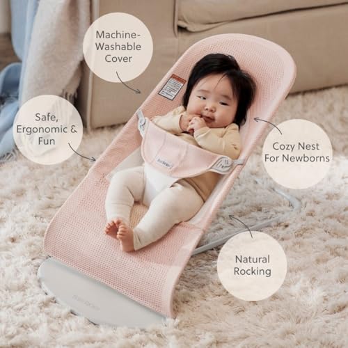 Image of BabyBjorn Bouncer Balance Soft, Light Grey Frame, Mesh, Pearly Pink /White, 2-in-1 Adjustable Baby Bouncer Seat and Toddler Chair, Newborn to Toddler (8-29 lbs), 4 Positions, Lightweight & Portable