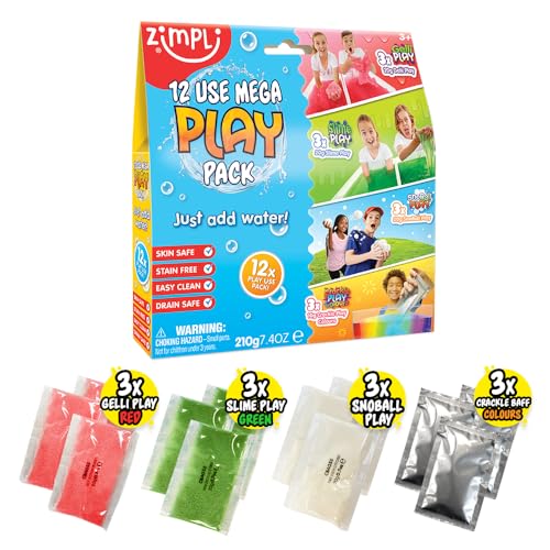Image of Zimpli Kids 12 Use Mega Play Pack from, 3 x Gelli Play, 3 x Slime Play, 3 x Snoball Play & 3 x Crackle Baff, Children's Sensory Play Toy, Educational Learning Activity, DIY Creative Toy