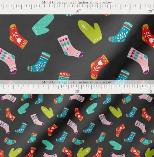 Image of Soimoi Gray Cotton Poplin Fabric Socks & Gloves Folk Art Printed Fabric 1 Meter 42 Inch Wide
