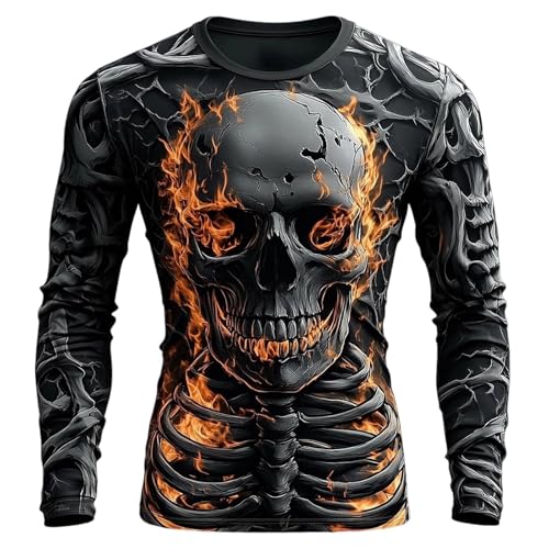 T-shirt à manches longues pour homme avec motif tête de mort en flammes - T-shirt graphique avec motif crâne et dragon - T-shirt de motard gothique...