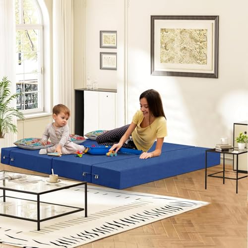 Image of Rosebell Sofa Cum Bed Three Seater, Foldable Sofa Bed 5 X 6 Feet, Jute Fabric- Washable Cover- Including Two Cushion Perfect for Home & Office - Blue