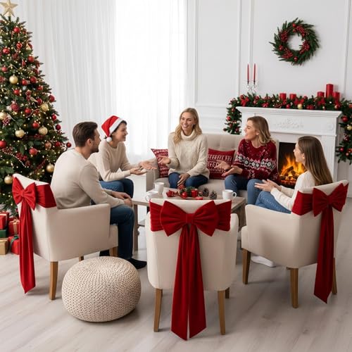 Bandas para sillas decorativas rojas de encaje para banquetes y fiestas de Navidad 3