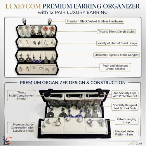 Image of Premium Oxidised Designer Stud Earrings Set of 12 with Folding Earring Organizer Box (Black) | Stylish Traditional & Modern Earring Set | Gift for Women