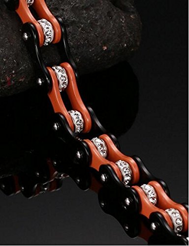 Unisex Stainless Steel Motorcycle Bike Biker Chain Link Bracelets with Rhinestones, 6 Colors (Black Orange)4