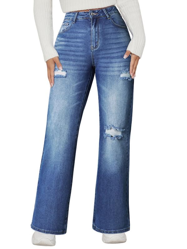 GenleckStretch Straight Leg Jeans - Women's High Waisted Distressed Boyfriend Jeans