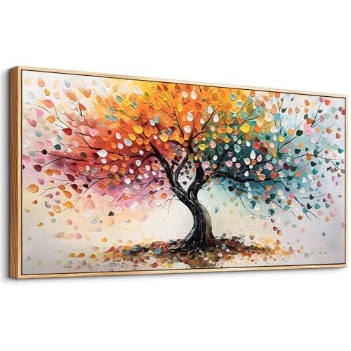 crmotu Large Framed Wall Art, Colorful Tree of Life Canvas Painting, Abstract Rainbow Tree Art Prints, Nature Plant Pictures Wall Decor Living Room Bedroom Bathroom Office, Modern Home Decor 20"X40"