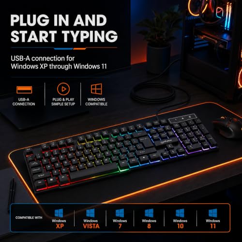 Image of MANHATTAN RGB LED USB Gaming Keyboard - Full Size, Rainbow Backlight, Spill-Resistant, Quiet Keystrokes, 12 Multimedia Function Keys, for Computer, PC, Desktop, Gamer - 3 Yr Mfg Warranty - 180603