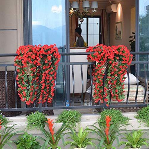 Juesi Hanging Flowers Artificial Violet Flower Wall Wisteria Basket Hanging Garland Vine Flowers Fake Silk Orchid (Red) #TOP1