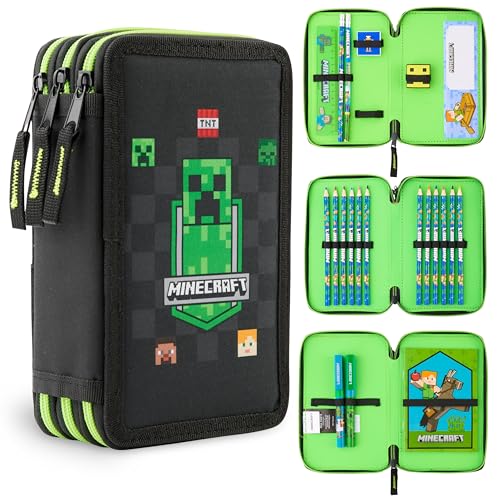 Minecraft Estojo de lápis para crianças com vários compartimentos, inclui papelaria - material escolar, Preto Aop, Tamanho único, Caixas de lápis