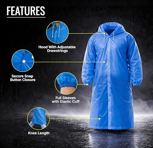 Image of Unisex Hooded Raincoat, Waterproof Long Rain Jacket, Multiple Colours, Reusable