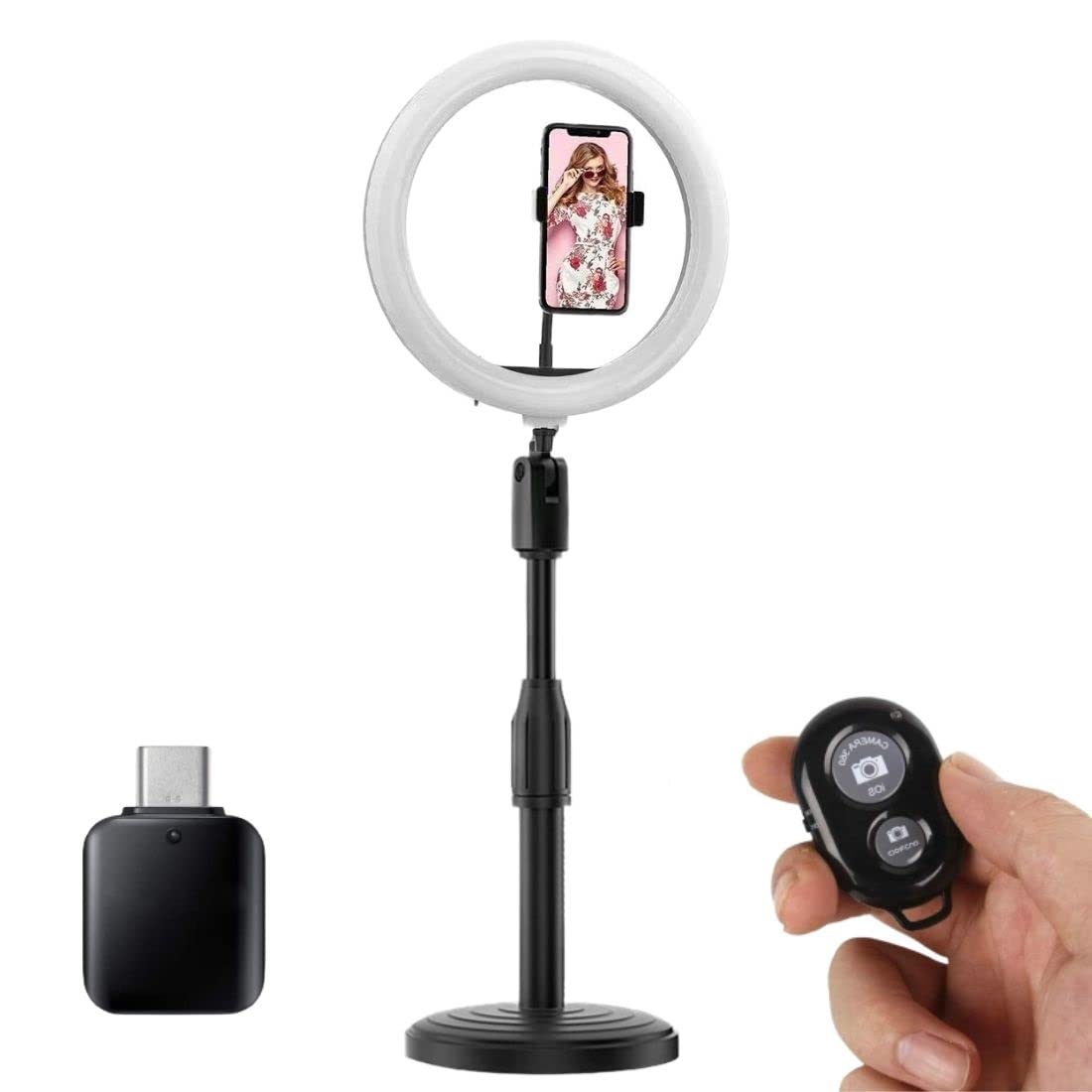 Praxan LED Selfie Flash Ring Light With Broadcast Stand, TypeC Cable/Adapter & Shutter Button