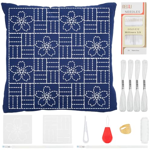 Image of WEBEEDY DIY Sashiko Pillowcase Template Set for Traditional Japanese Sashiko Pattern Fabric Pillowcase Embroidery Kit Stitching Sashiko with Video Instructions for Home Sofa Decor, 15.7x15.7inch