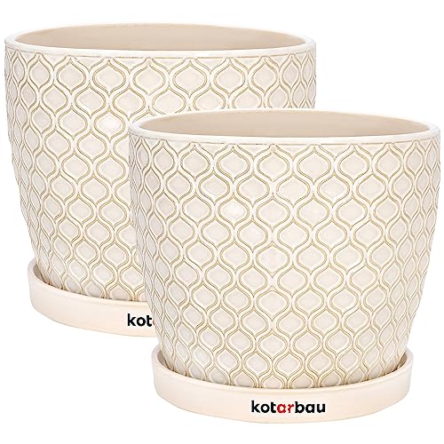 KOTARBAU® 2er Set Keramik Blumentopf ⌀ 15 cm Übertopf für Pflanzen Cremefarben Vintage mit Tropfschale Fischschuppenmuster