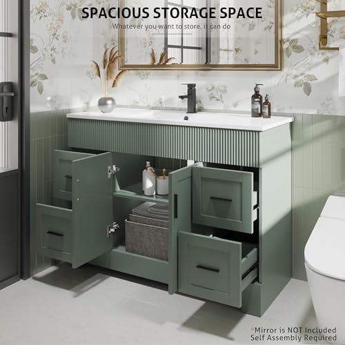 Image of eclife 48 inch Bathroom Vanities Sink Combo with Painted Surface, Modern Drawered Cabinet W /Decorative Wave Lines, Undermount Single White Sink, Matte Black Faucet Drain, Gray Green